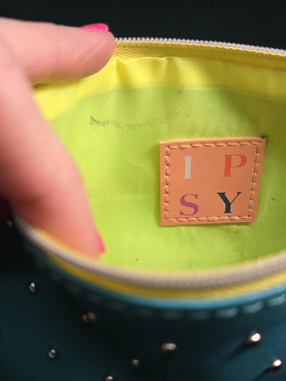 ipsy Turquoise Studded Cosmetic Pouch with Yellow Tassel